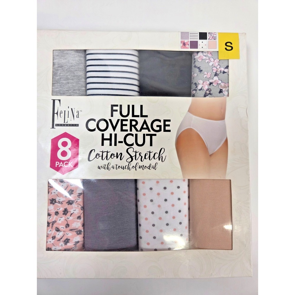 Felina Cotton Stretch Full Coverage Hi-Cut Panties 8 Pack Size Small Modal NWT